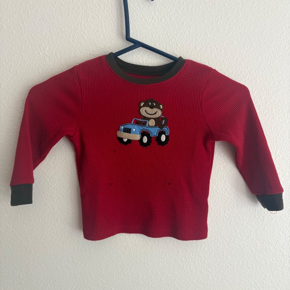 Carters Boys 3T Red Waffle Knit Thermal Pajama Top Monkeyā Truck Graphic AMG0432